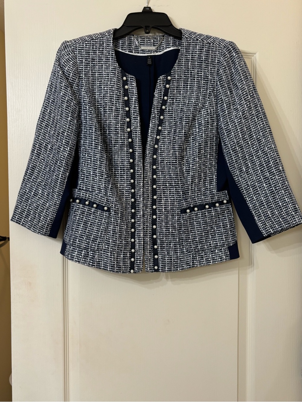 White House Black Market Cadet Blue and White Pearl-Trim Tweed Jacket